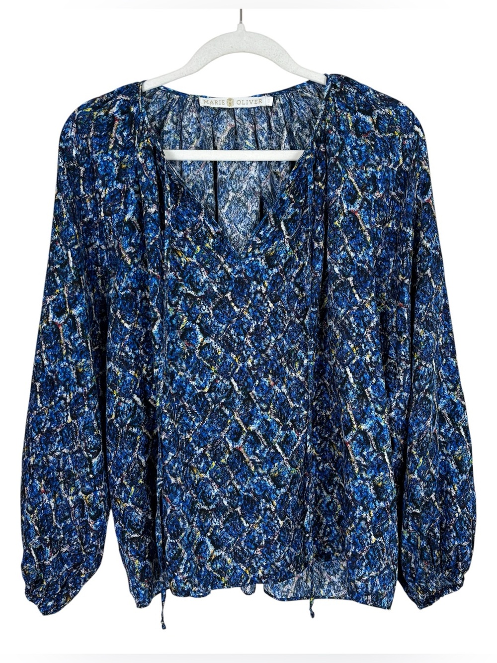 Marie Oliver 100% Silk Blouse Women’s Size Large Blue Pattern Long Sleeve